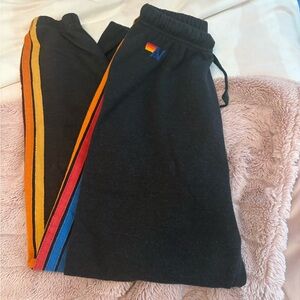 Aviator Nation Black Joggers with Rainbow Stripes